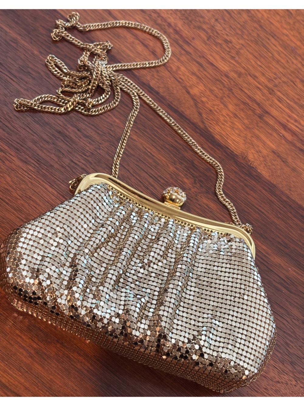Vintage 1980s Whiting Davis International Gold Mesh Evening Bag Shoulder Clutch